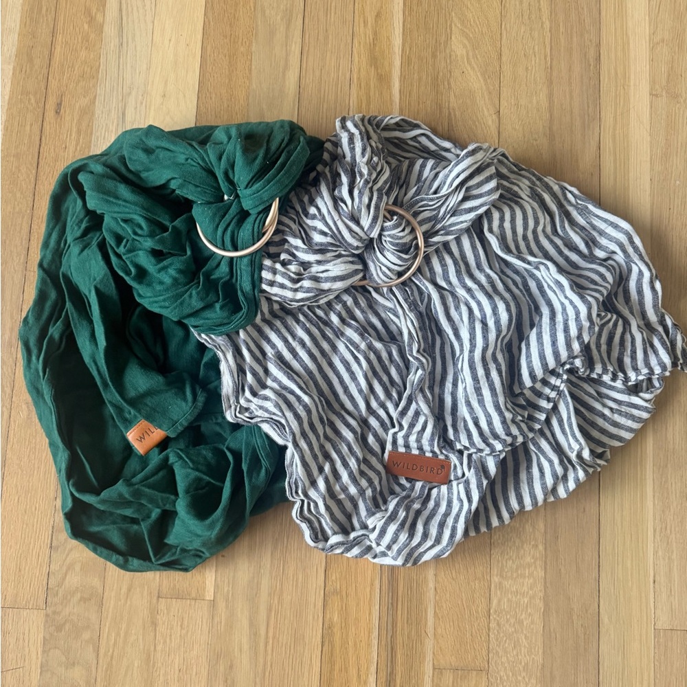 set of 2 WildBird ring slings - solid green and black and white striped